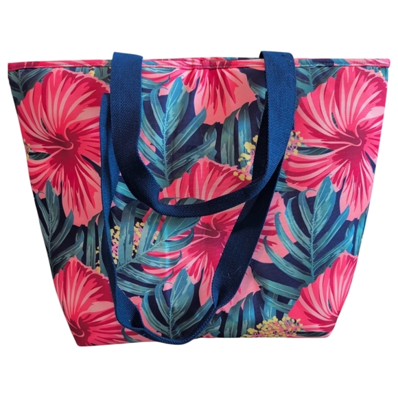 Steel Mill and Co Handbags - Steel Mill And Co, Tropical Pink Floral Ice Chest Tote Bag with Blue Straps